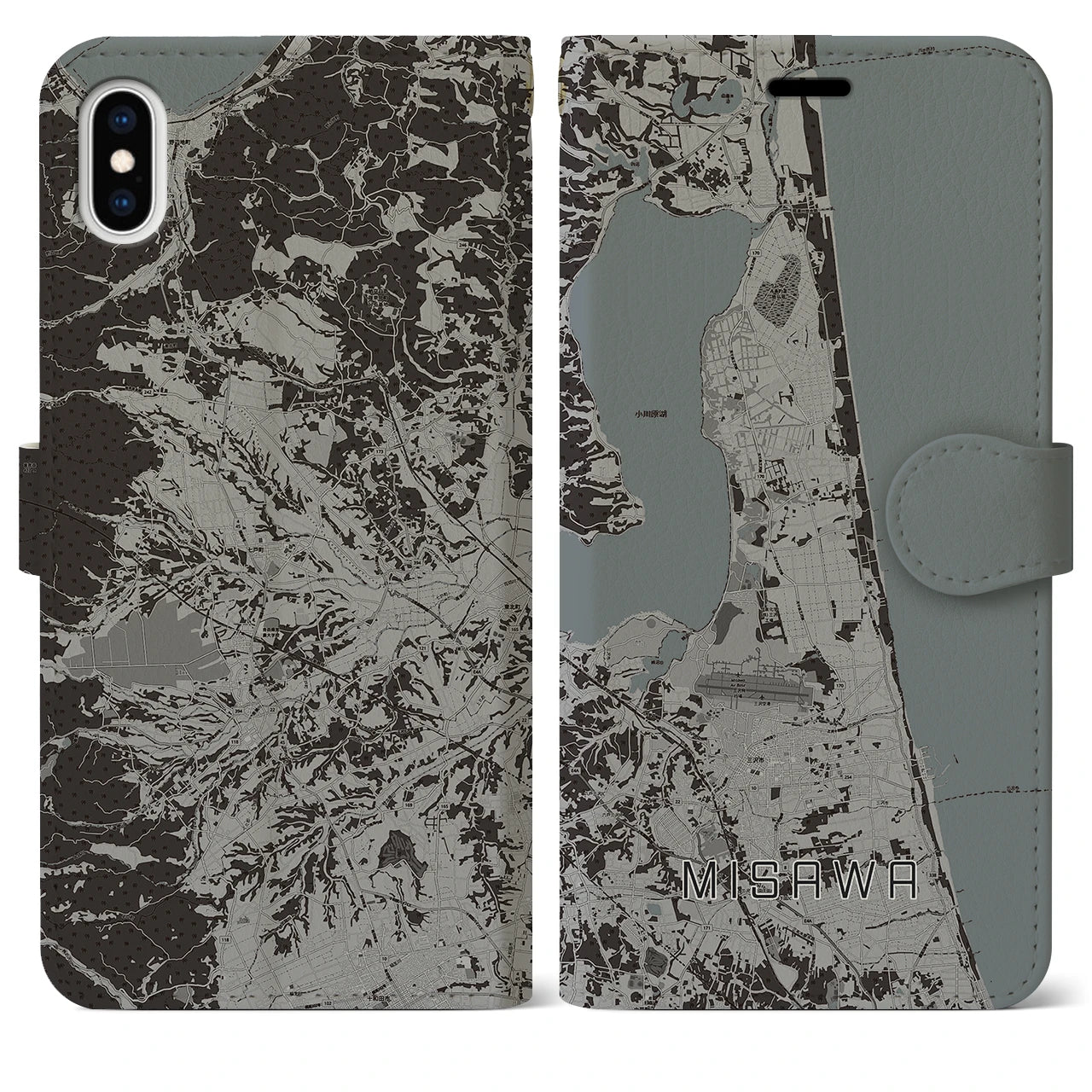 【三沢(青森県)】地図柄iPhoneケース(手帳タイプ)モノトーン・iPhone XS Max 用