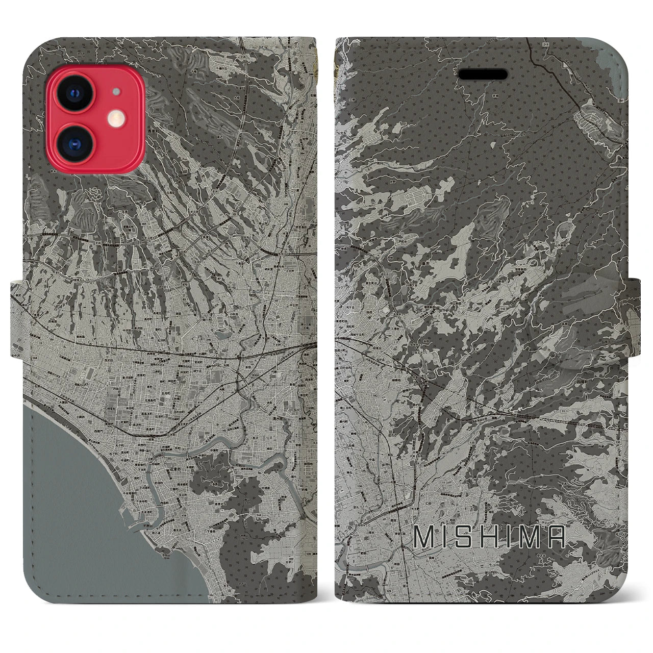 【三島(静岡県)】地図柄iPhoneケース(手帳タイプ)モノトーン・iPhone 11 用