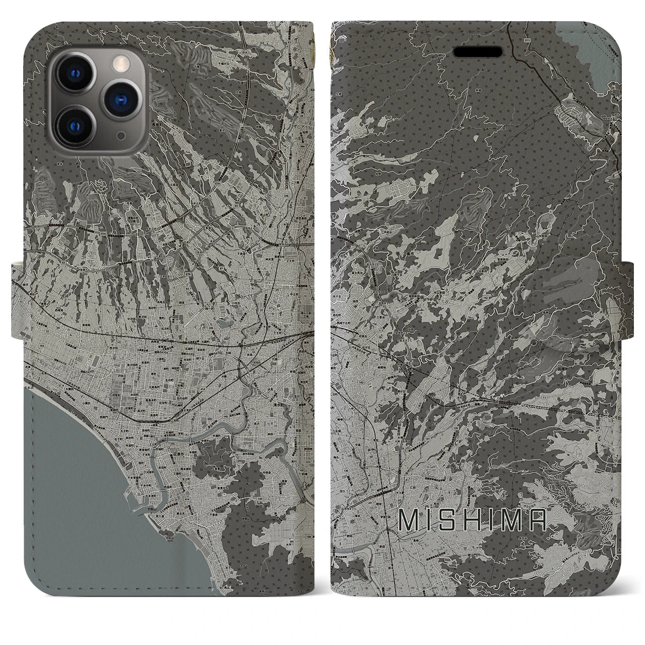 【三島(静岡県)】地図柄iPhoneケース(手帳タイプ)モノトーン・iPhone 11 Pro Max 用