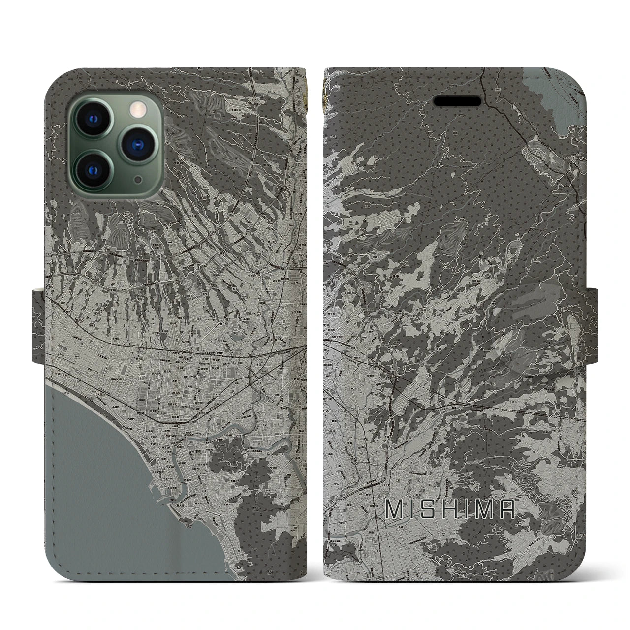 【三島(静岡県)】地図柄iPhoneケース(手帳タイプ)モノトーン・iPhone 11 Pro 用