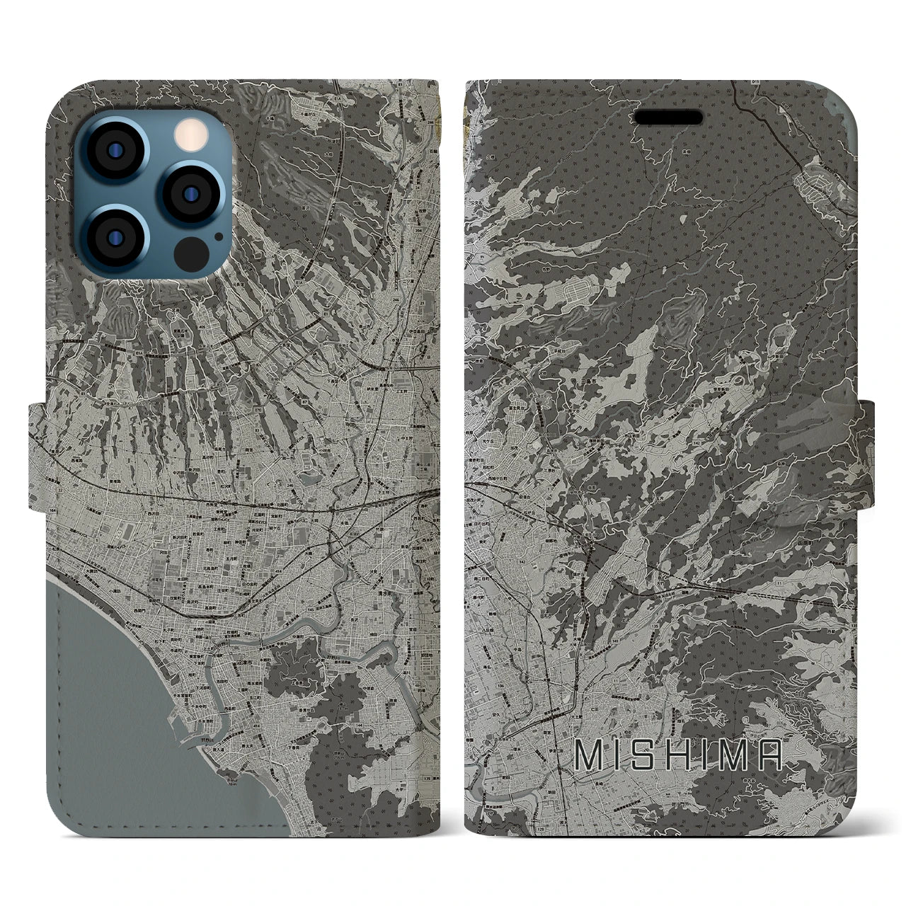 【三島(静岡県)】地図柄iPhoneケース(手帳タイプ)モノトーン・iPhone 12 / 12 Pro 用