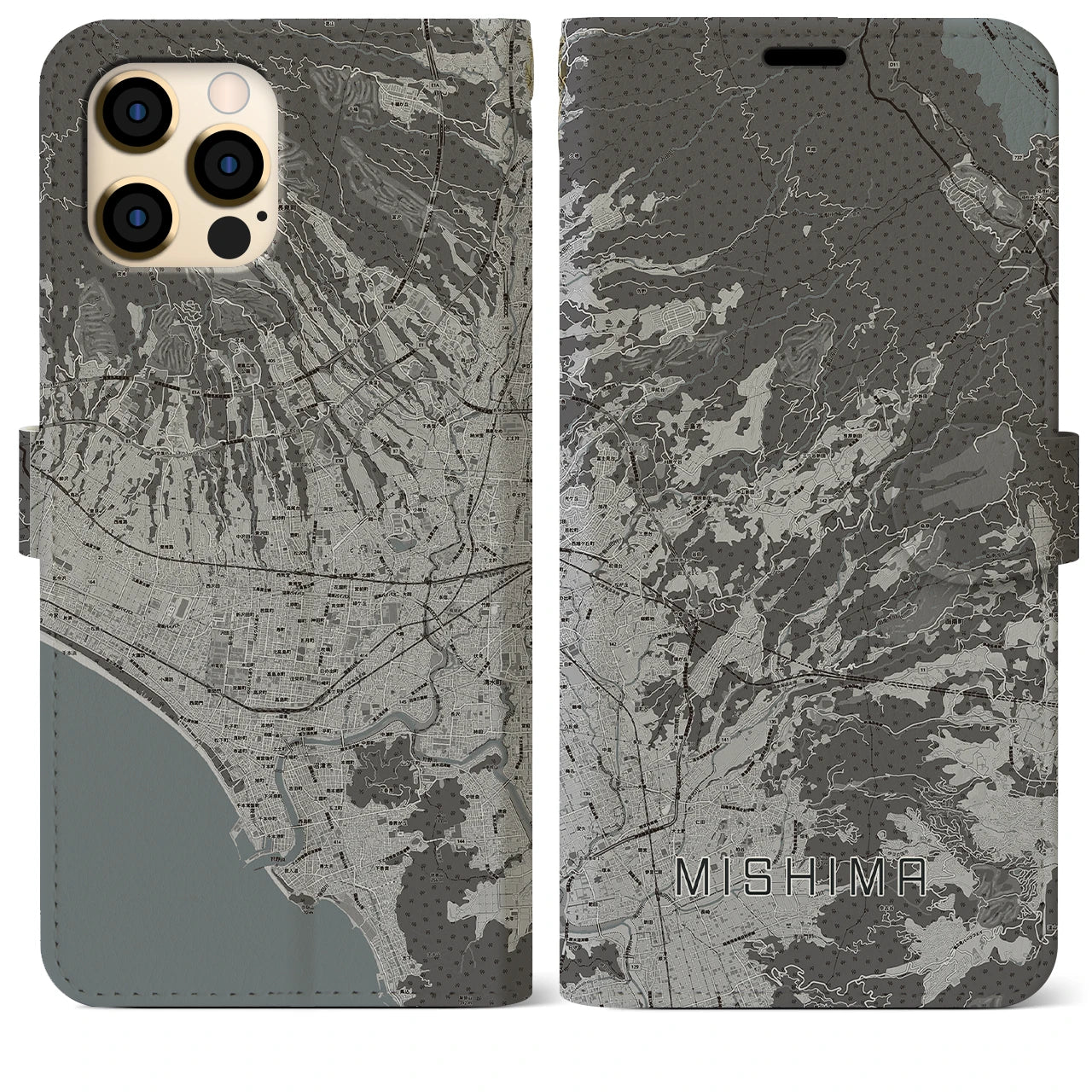 【三島(静岡県)】地図柄iPhoneケース(手帳タイプ)モノトーン・iPhone 12 Pro Max 用