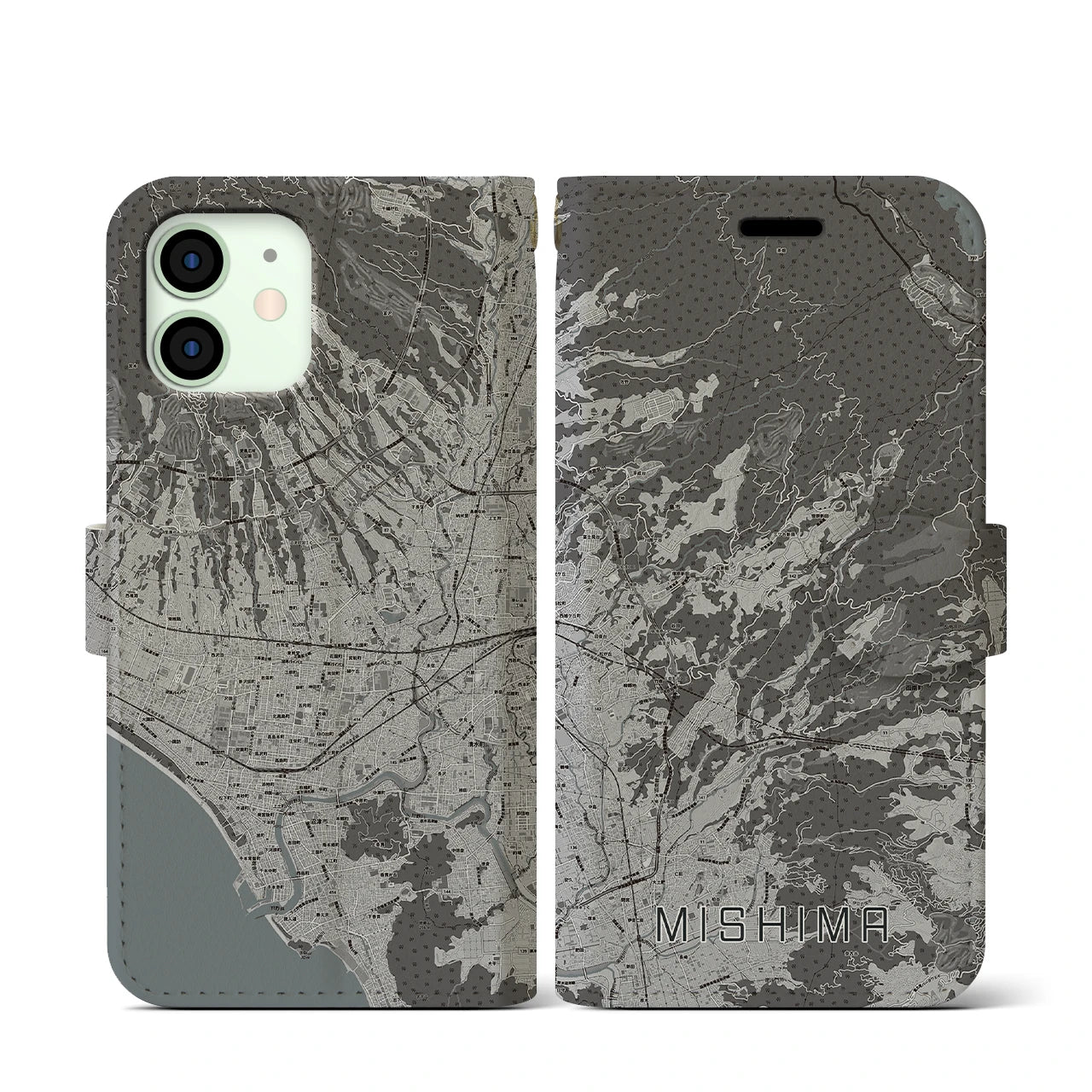 【三島(静岡県)】地図柄iPhoneケース(手帳タイプ)モノトーン・iPhone 12 mini 用