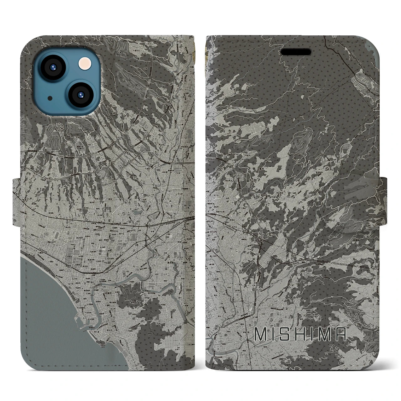 【三島(静岡県)】地図柄iPhoneケース(手帳タイプ)モノトーン・iPhone 13 用
