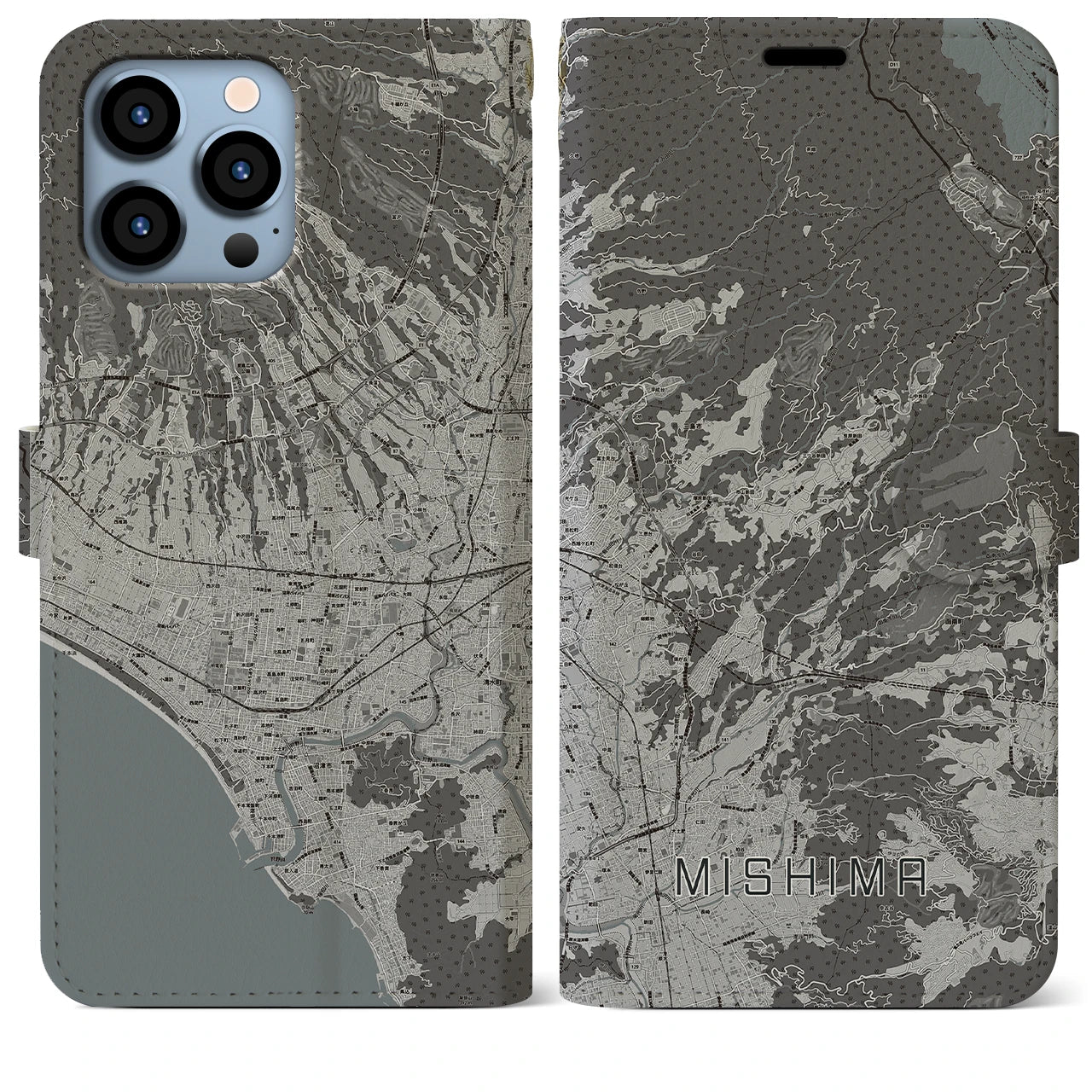 【三島(静岡県)】地図柄iPhoneケース(手帳タイプ)モノトーン・iPhone 13 Pro Max 用