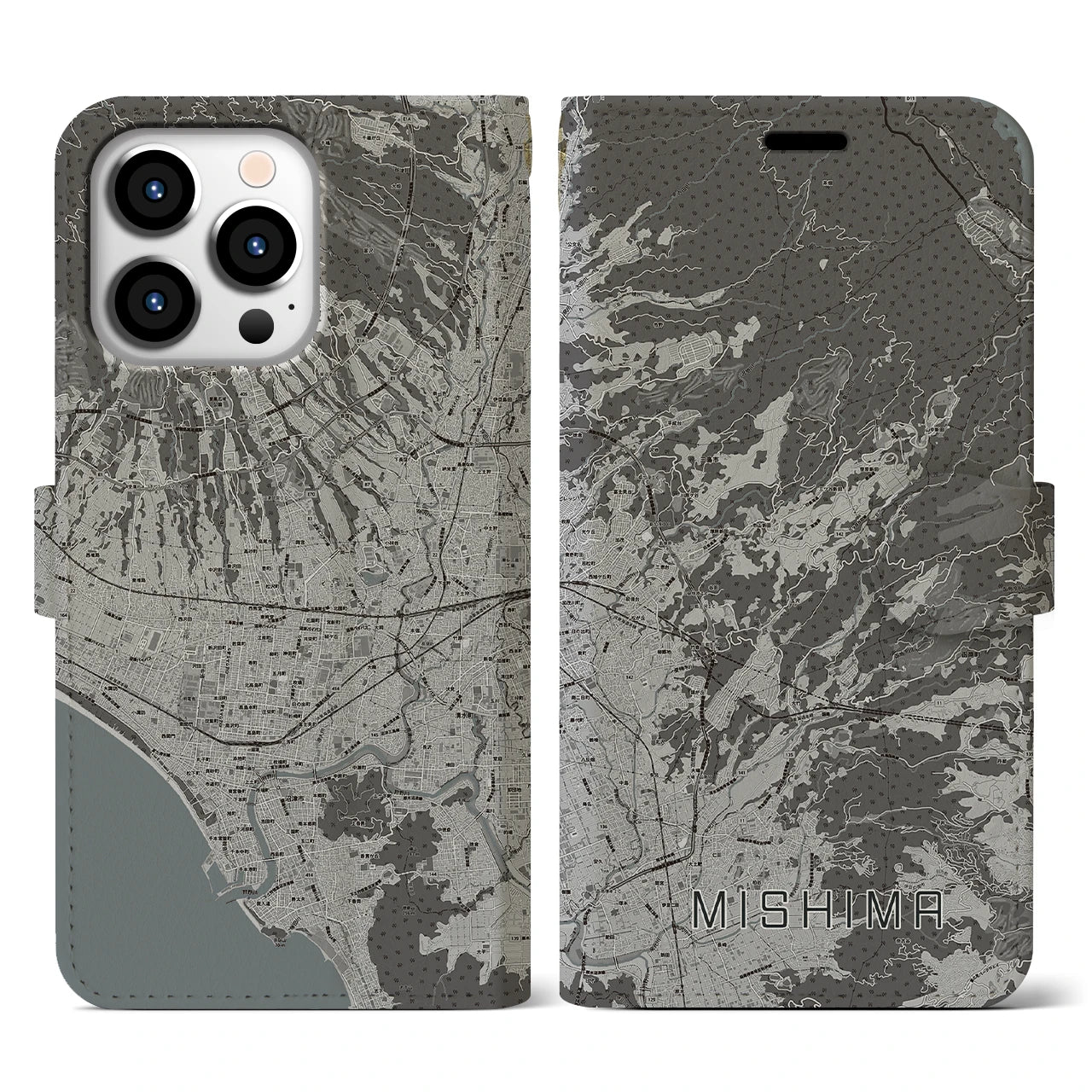 【三島(静岡県)】地図柄iPhoneケース(手帳タイプ)モノトーン・iPhone 13 Pro 用