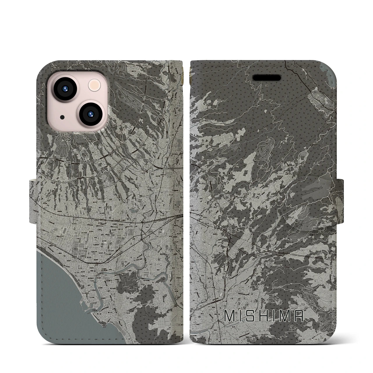 【三島(静岡県)】地図柄iPhoneケース(手帳タイプ)モノトーン・iPhone 13 mini 用