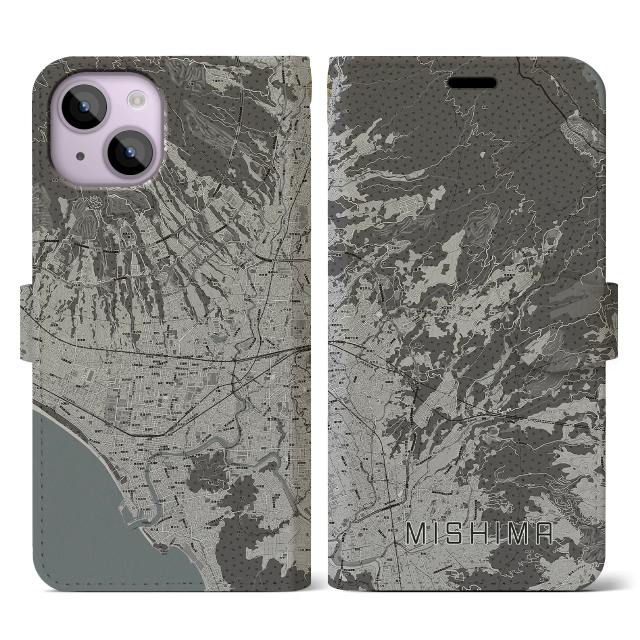 【三島(静岡県)】地図柄iPhoneケース(手帳タイプ)モノトーン・iPhone 14 用