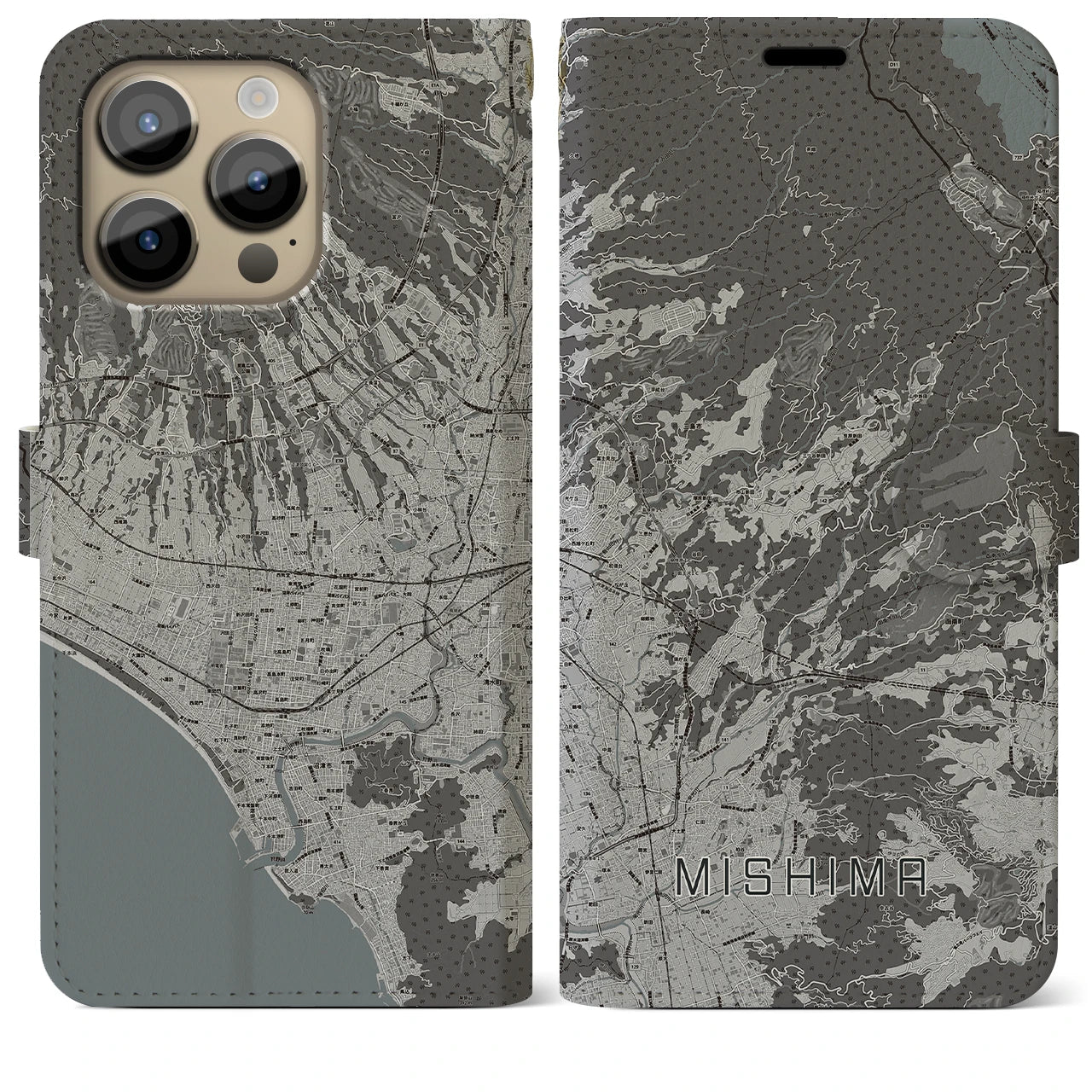【三島(静岡県)】地図柄iPhoneケース(手帳タイプ)モノトーン・iPhone 14 Pro Max 用