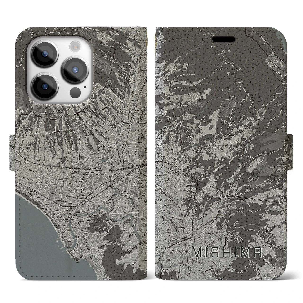 【三島(静岡県)】地図柄iPhoneケース(手帳タイプ)モノトーン・iPhone 14 Pro 用