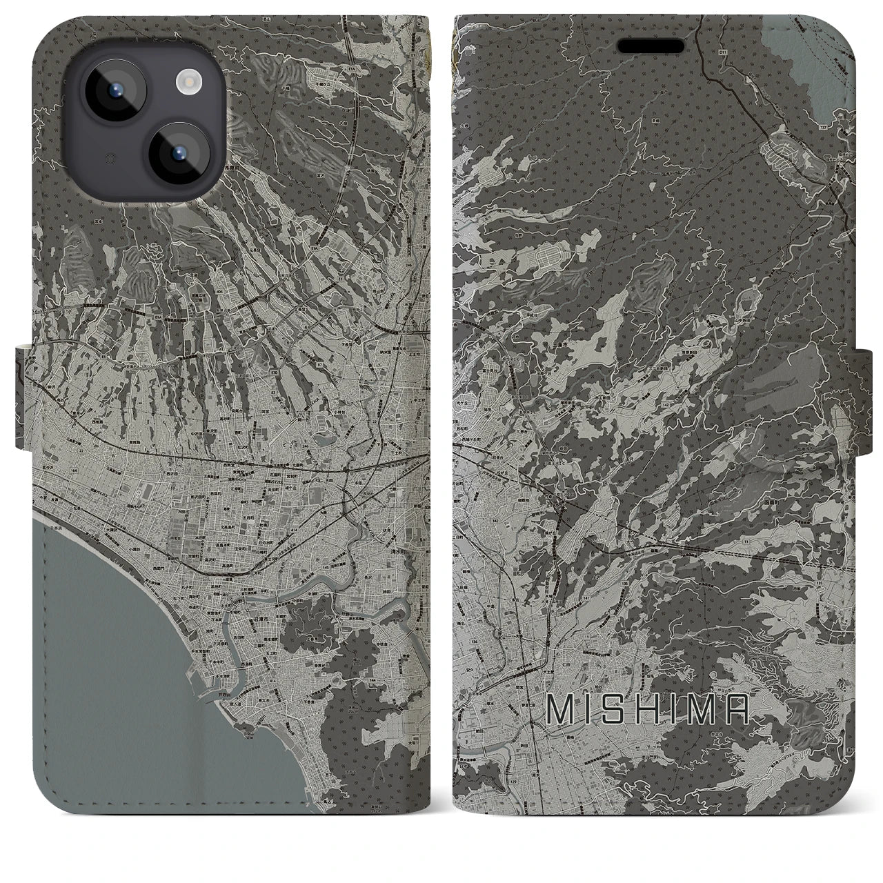 【三島(静岡県)】地図柄iPhoneケース(手帳タイプ)モノトーン・iPhone 14 Plus 用