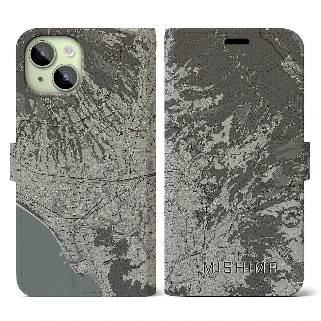 【三島(静岡県)】地図柄iPhoneケース(手帳タイプ)モノトーン・iPhone 15 用