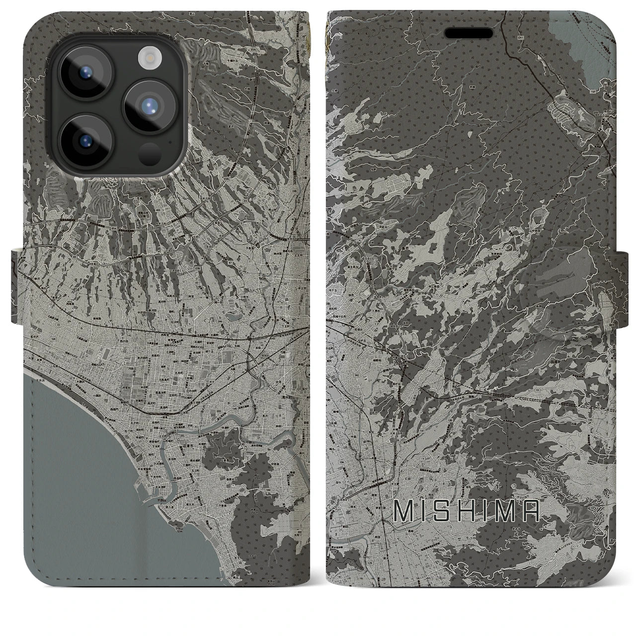 【三島(静岡県)】地図柄iPhoneケース(手帳タイプ)モノトーン・iPhone 15 Pro Max 用