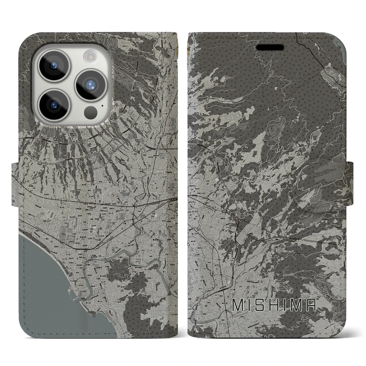 【三島(静岡県)】地図柄iPhoneケース(手帳タイプ)モノトーン・iPhone 15 Pro 用
