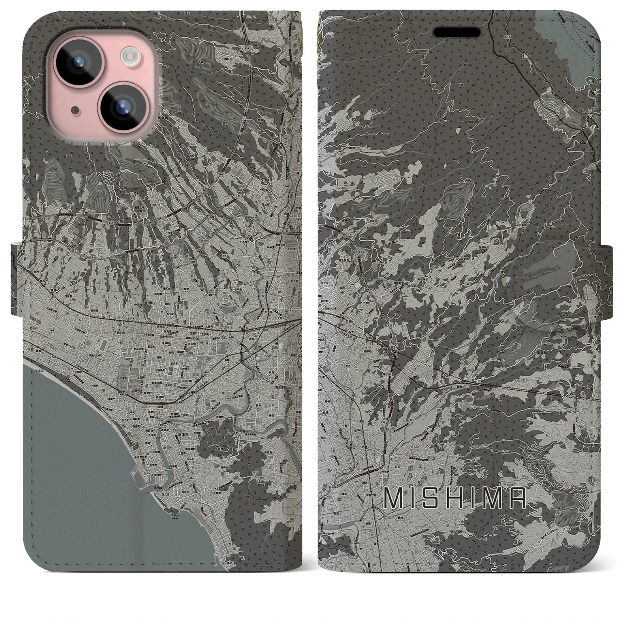 【三島(静岡県)】地図柄iPhoneケース(手帳タイプ)モノトーン・iPhone 15 Plus 用