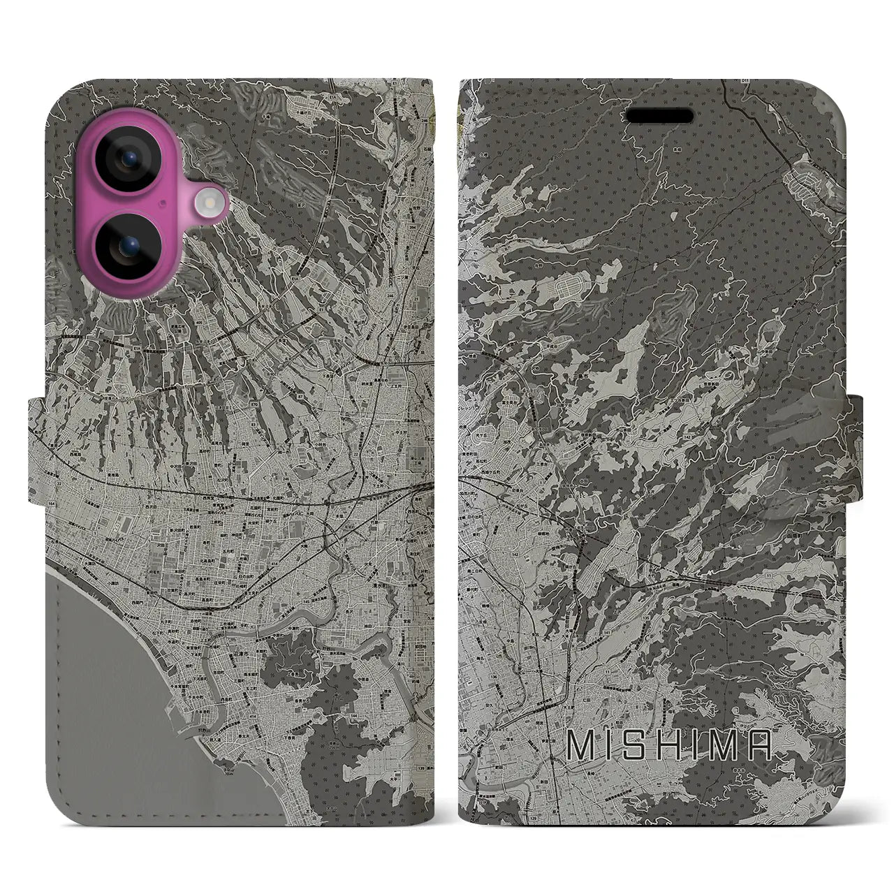 【三島(静岡県)】地図柄iPhoneケース(手帳タイプ)モノトーン・iPhone 16 Pro 用