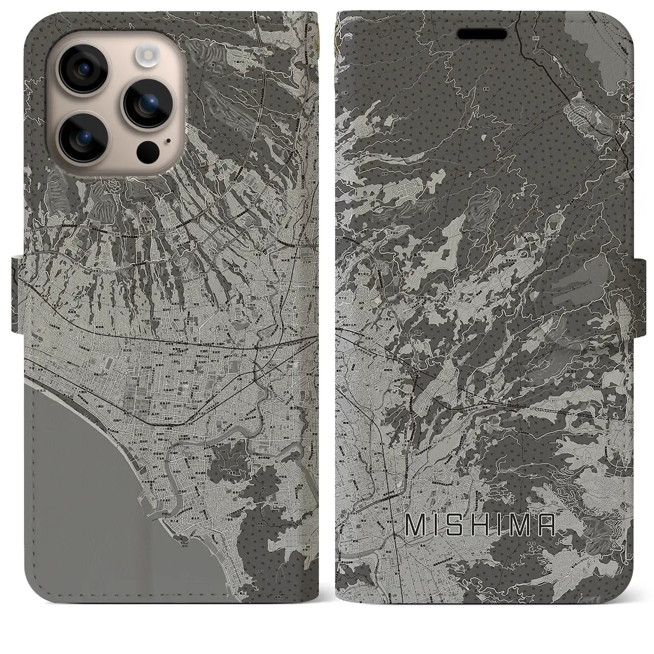 【三島(静岡県)】地図柄iPhoneケース(手帳タイプ)モノトーン・iPhone 16 Plus 用