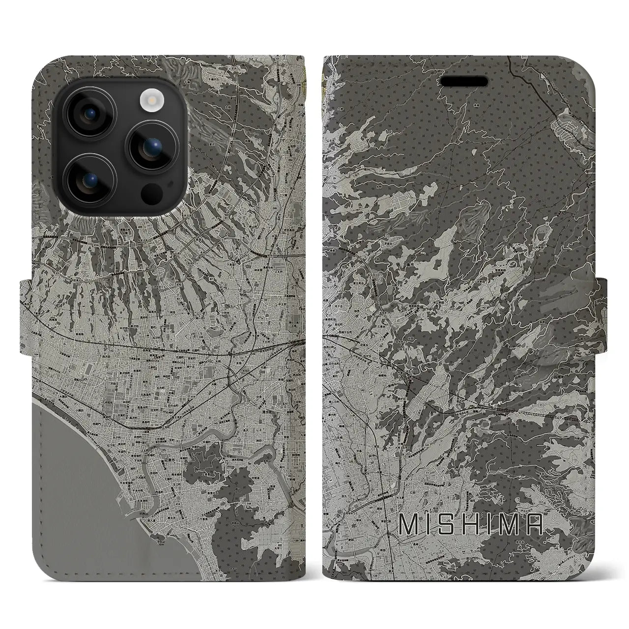【三島(静岡県)】地図柄iPhoneケース(手帳タイプ)モノトーン・iPhone 16 用