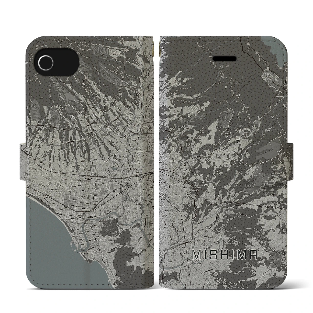 【三島(静岡県)】地図柄iPhoneケース(手帳タイプ)モノトーン・iPhone SE(第3 / 第2世代) / 8 / 7 / 6s / 6 用