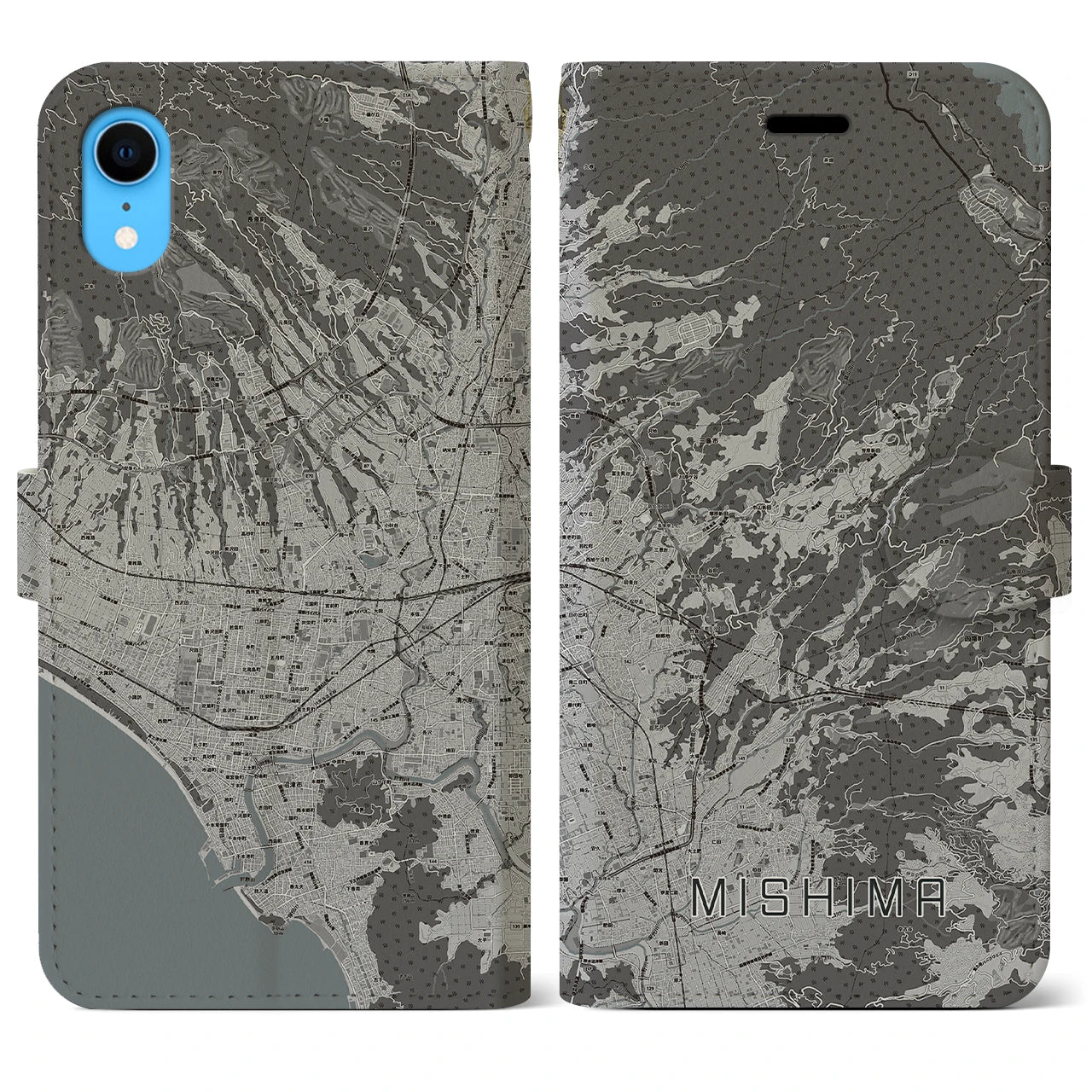 【三島(静岡県)】地図柄iPhoneケース(手帳タイプ)モノトーン・iPhone XR 用