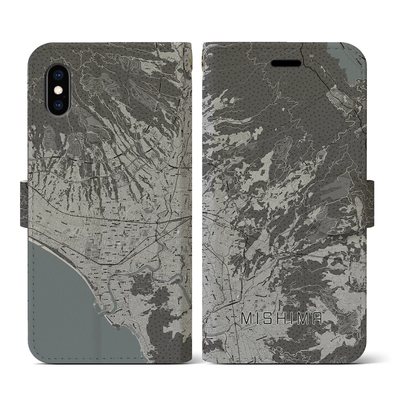 【三島(静岡県)】地図柄iPhoneケース(手帳タイプ)モノトーン・iPhone XS / X 用