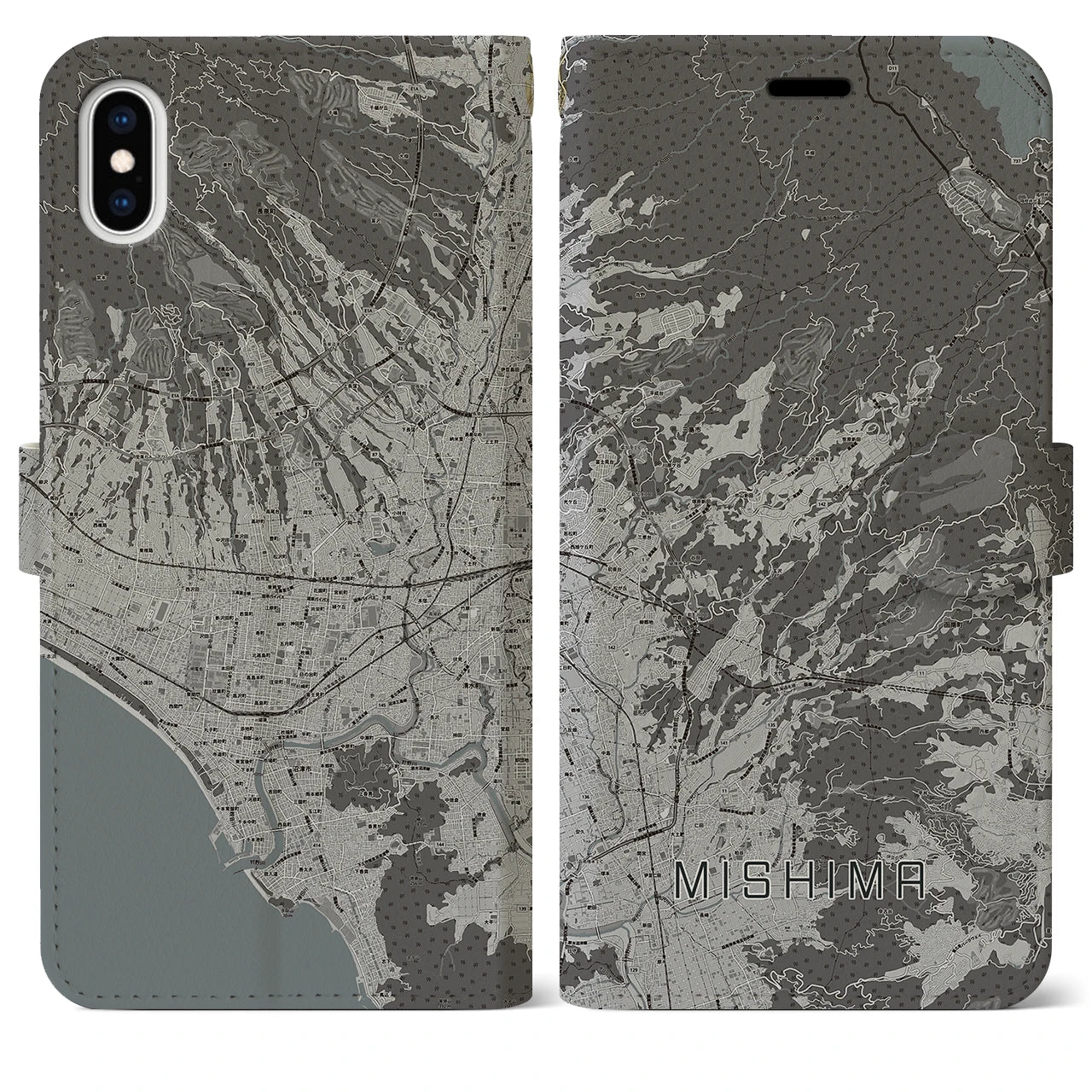 【三島(静岡県)】地図柄iPhoneケース(手帳タイプ)モノトーン・iPhone XS Max 用