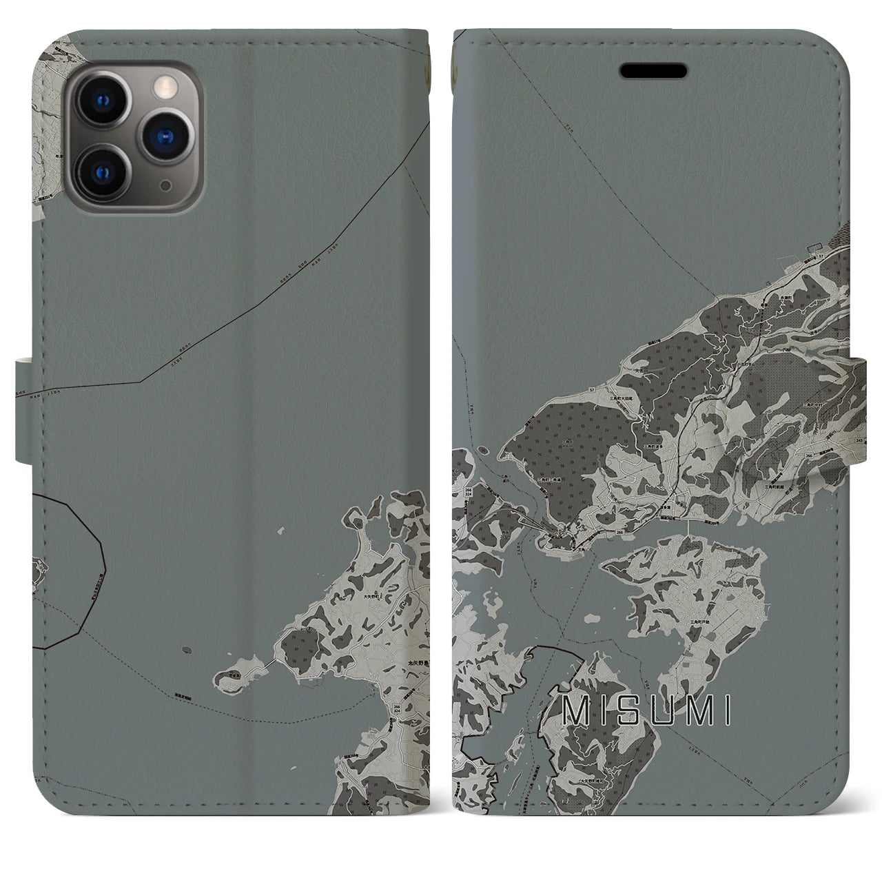 【三角(熊本県)】地図柄iPhoneケース(手帳タイプ)モノトーン・iPhone 11 Pro Max 用