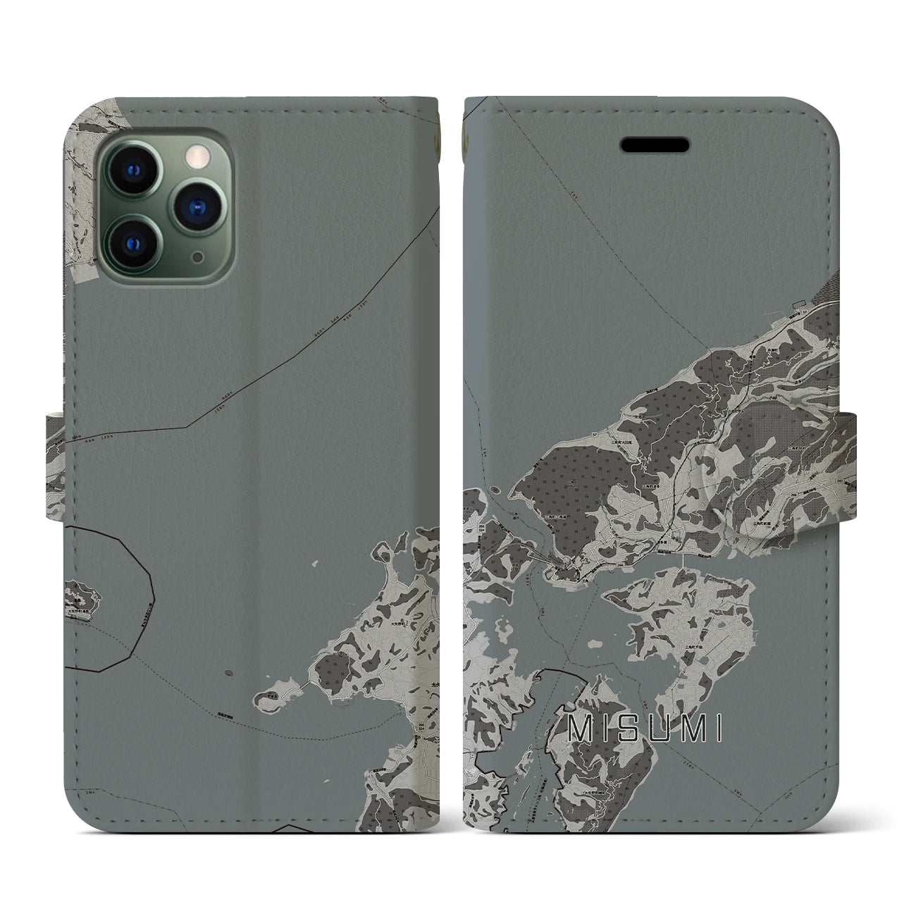 【三角(熊本県)】地図柄iPhoneケース(手帳タイプ)モノトーン・iPhone 11 Pro 用