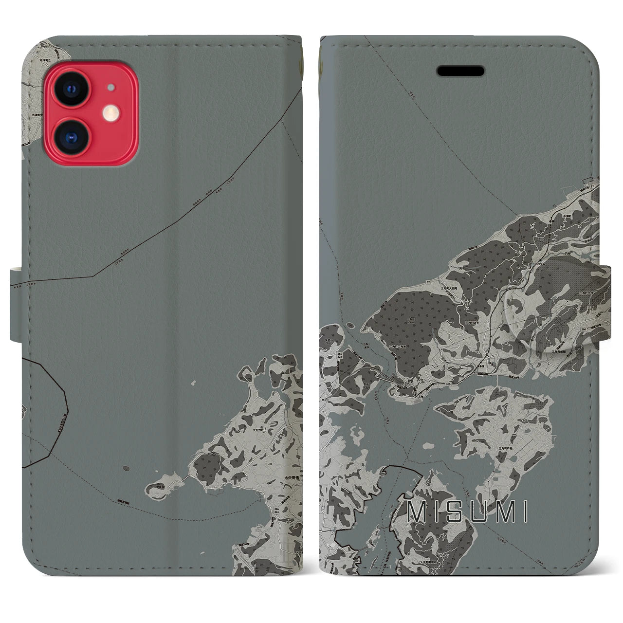 【三角(熊本県)】地図柄iPhoneケース(手帳タイプ)モノトーン・iPhone 11 用