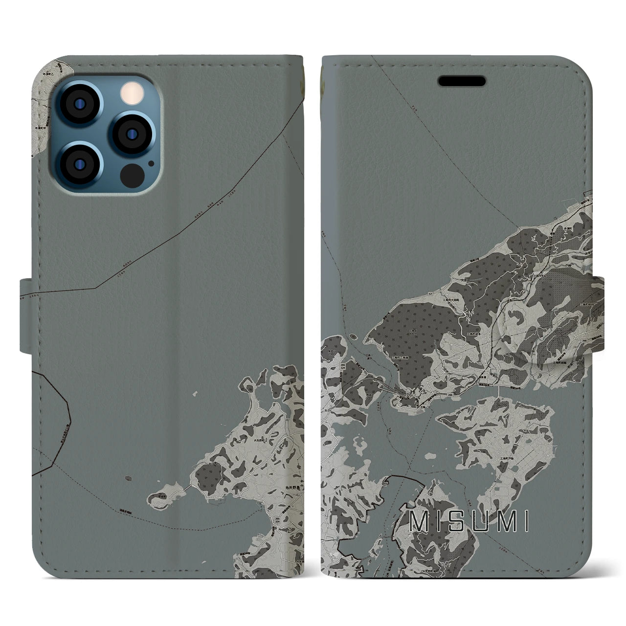 【三角(熊本県)】地図柄iPhoneケース(手帳タイプ)モノトーン・iPhone 12 / 12 Pro 用