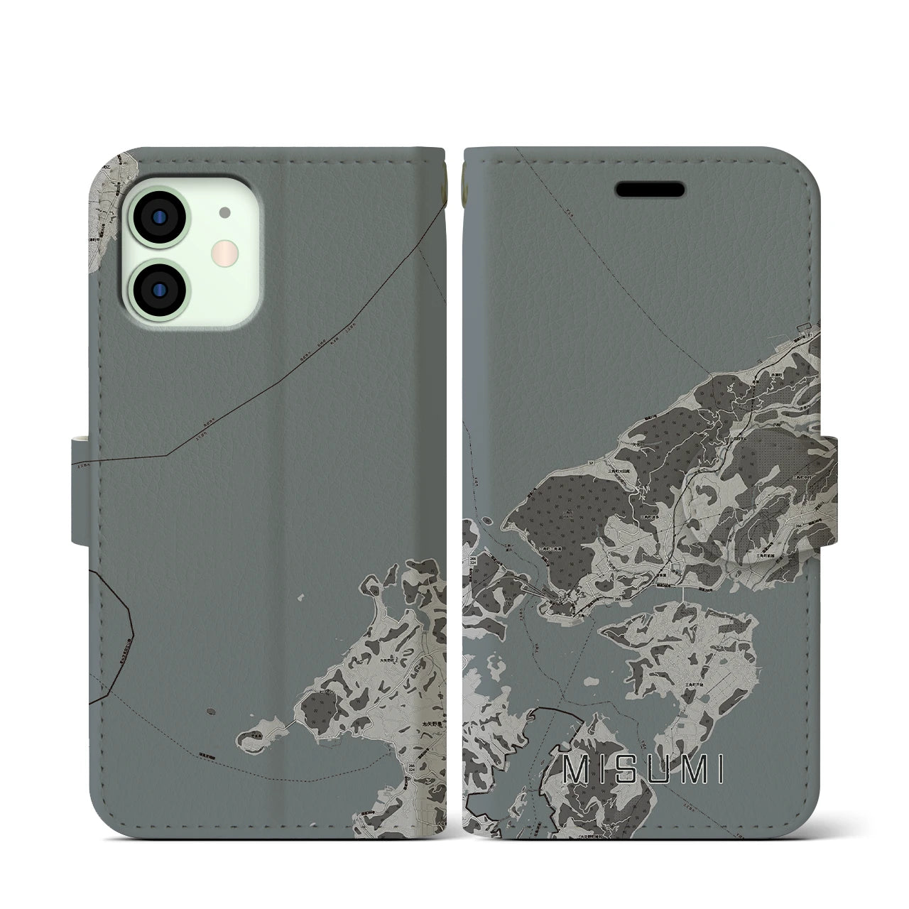 【三角(熊本県)】地図柄iPhoneケース(手帳タイプ)モノトーン・iPhone 12 mini 用