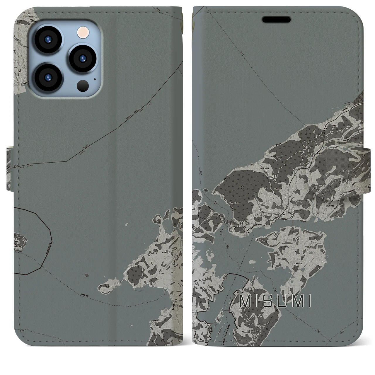 【三角(熊本県)】地図柄iPhoneケース(手帳タイプ)モノトーン・iPhone 13 Pro Max 用