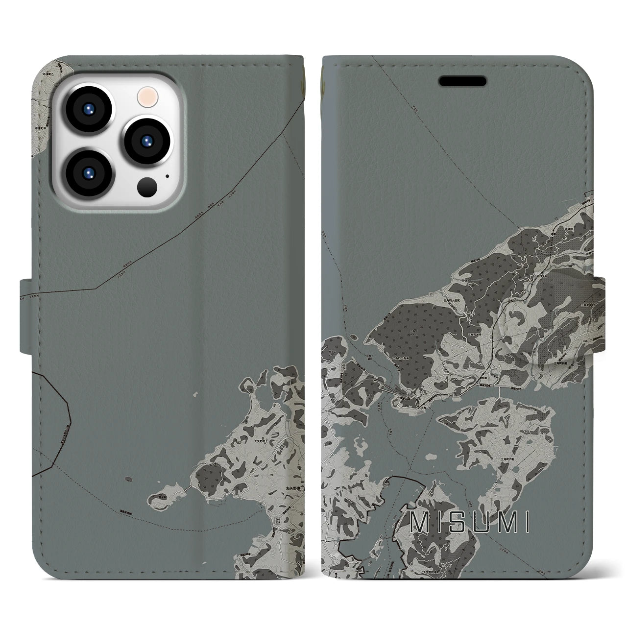 【三角(熊本県)】地図柄iPhoneケース(手帳タイプ)モノトーン・iPhone 13 Pro 用