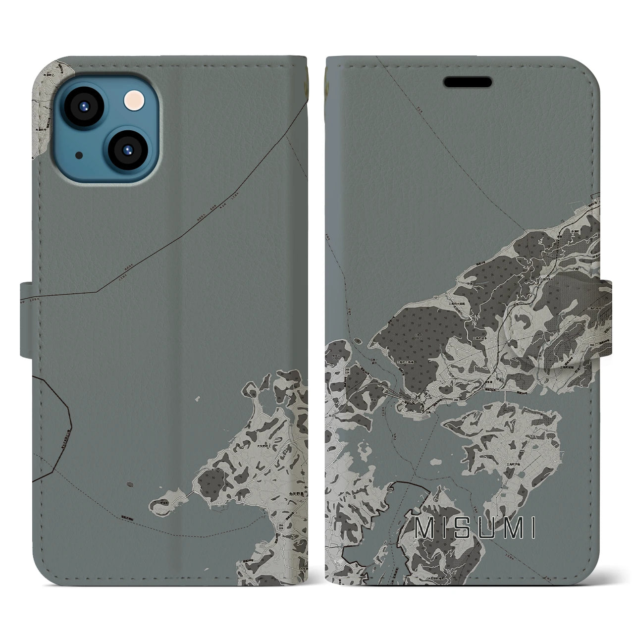 【三角(熊本県)】地図柄iPhoneケース(手帳タイプ)モノトーン・iPhone 13 用