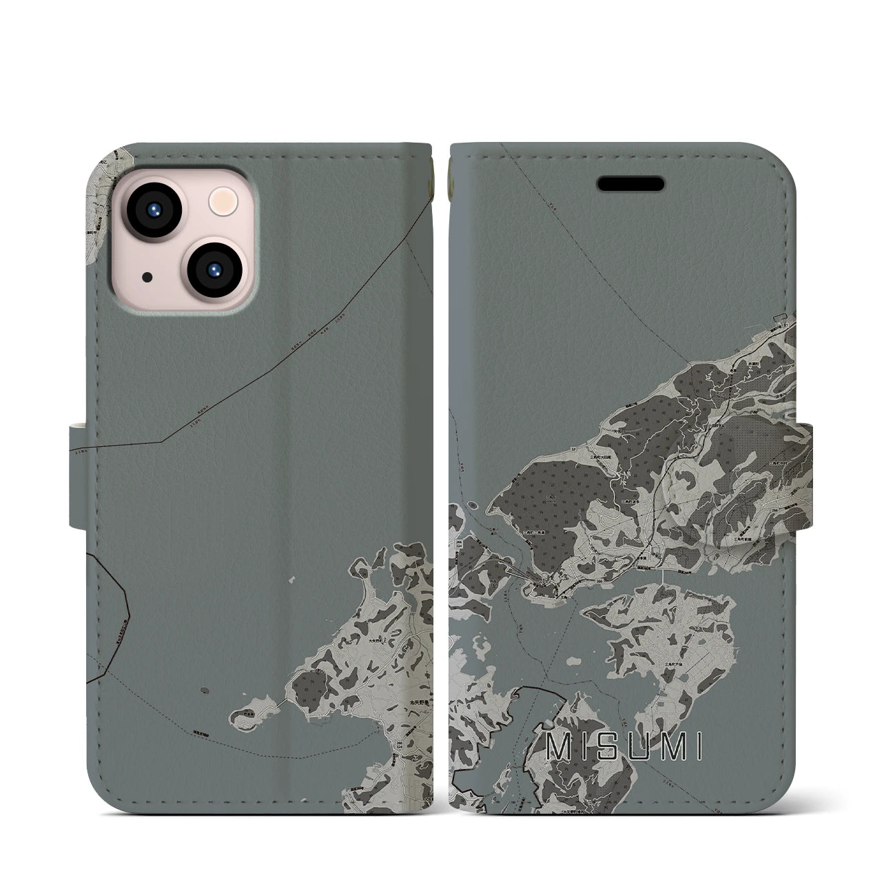 【三角(熊本県)】地図柄iPhoneケース(手帳タイプ)モノトーン・iPhone 13 mini 用