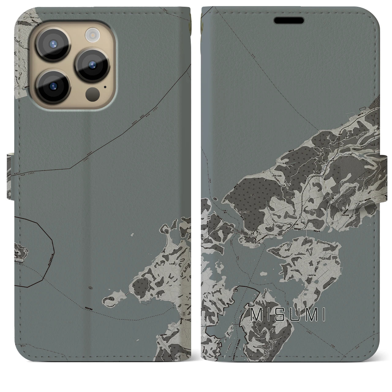 【三角(熊本県)】地図柄iPhoneケース(手帳タイプ)モノトーン・iPhone 14 Pro Max 用