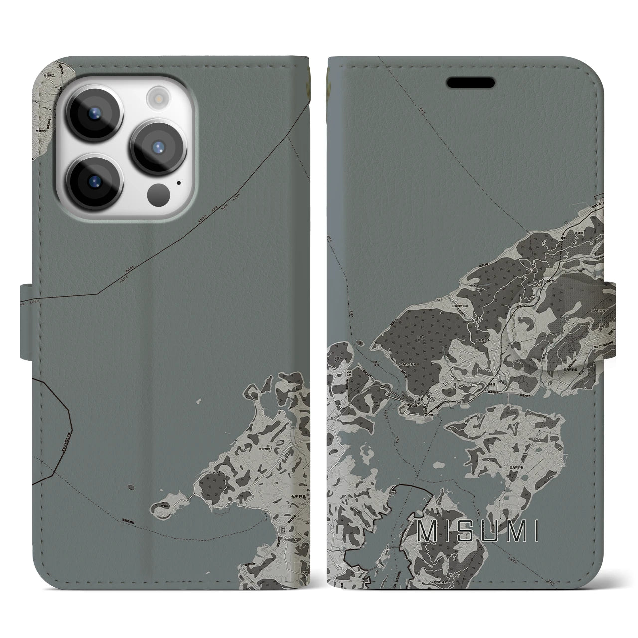 【三角(熊本県)】地図柄iPhoneケース(手帳タイプ)モノトーン・iPhone 14 Pro 用