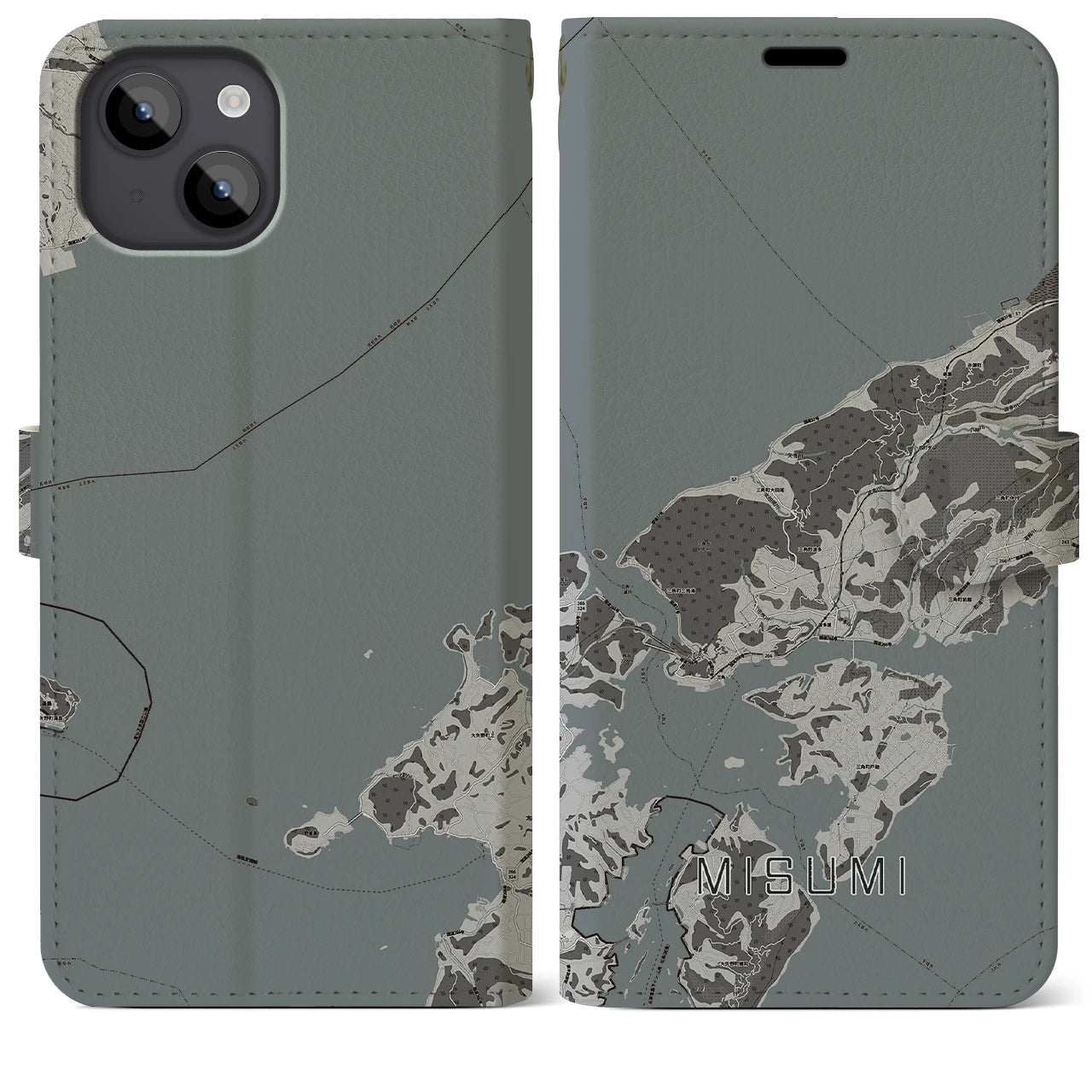 【三角(熊本県)】地図柄iPhoneケース(手帳タイプ)モノトーン・iPhone 14 Plus 用