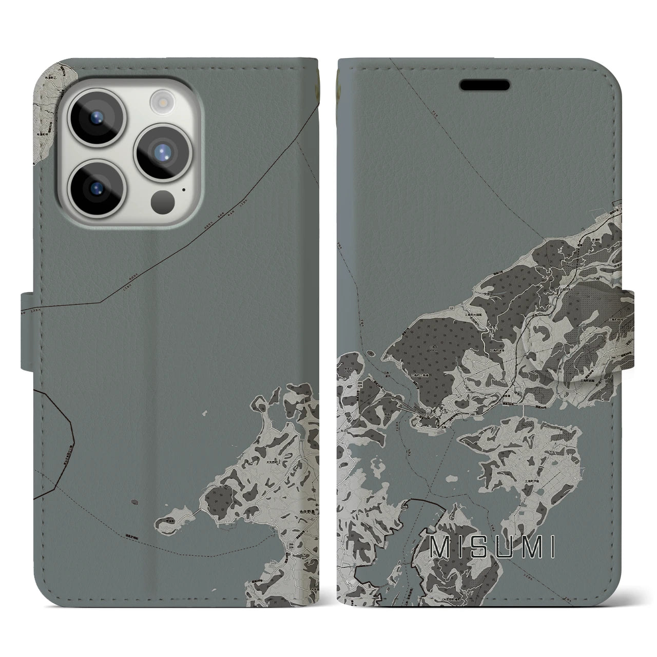 【三角(熊本県)】地図柄iPhoneケース(手帳タイプ)モノトーン・iPhone 15 Pro 用