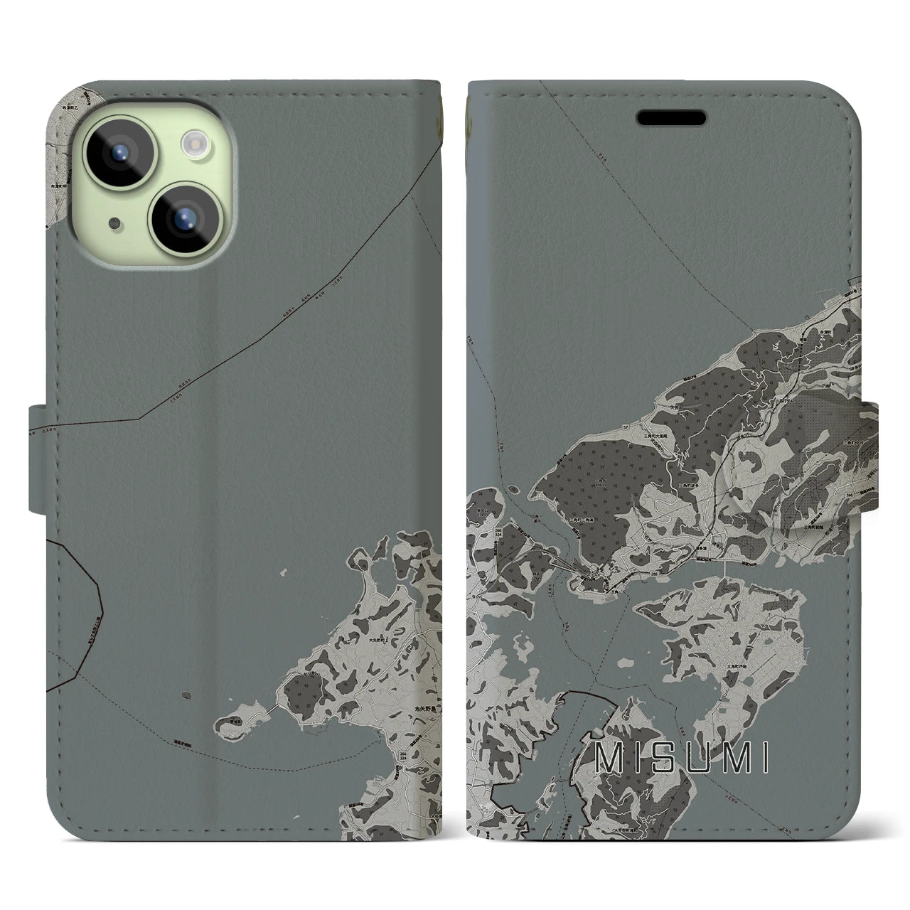 【三角(熊本県)】地図柄iPhoneケース(手帳タイプ)モノトーン・iPhone 15 用