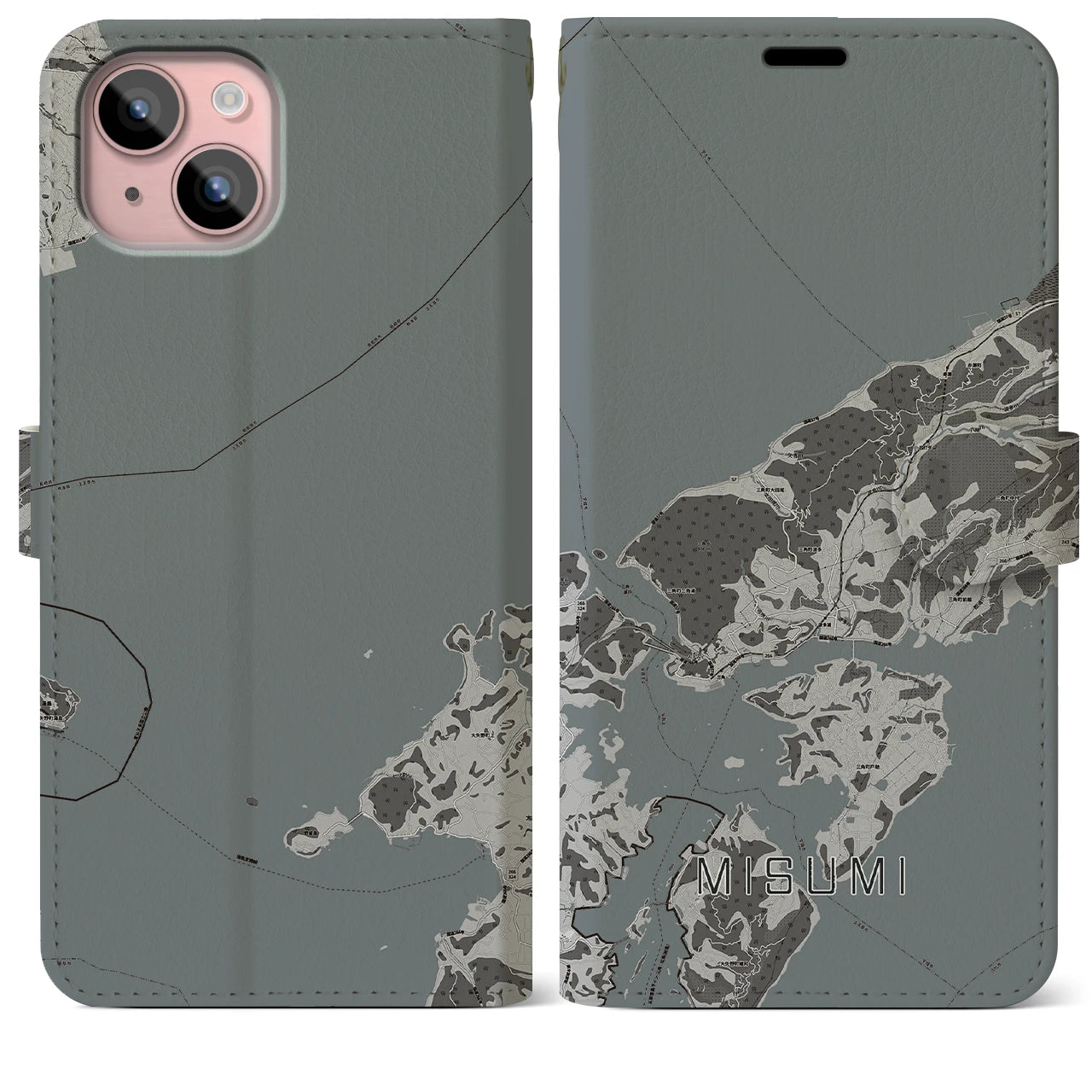 【三角(熊本県)】地図柄iPhoneケース(手帳タイプ)モノトーン・iPhone 15 Plus 用