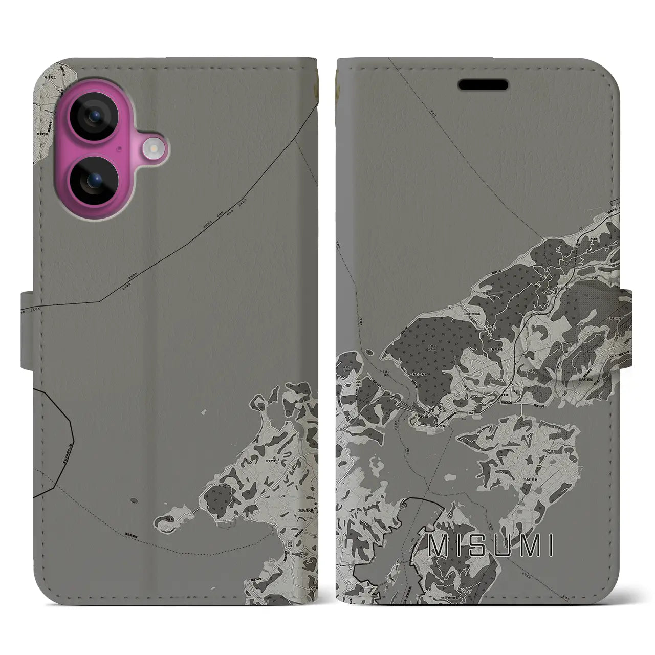 【三角(熊本県)】地図柄iPhoneケース(手帳タイプ)モノトーン・iPhone 16 Pro 用
