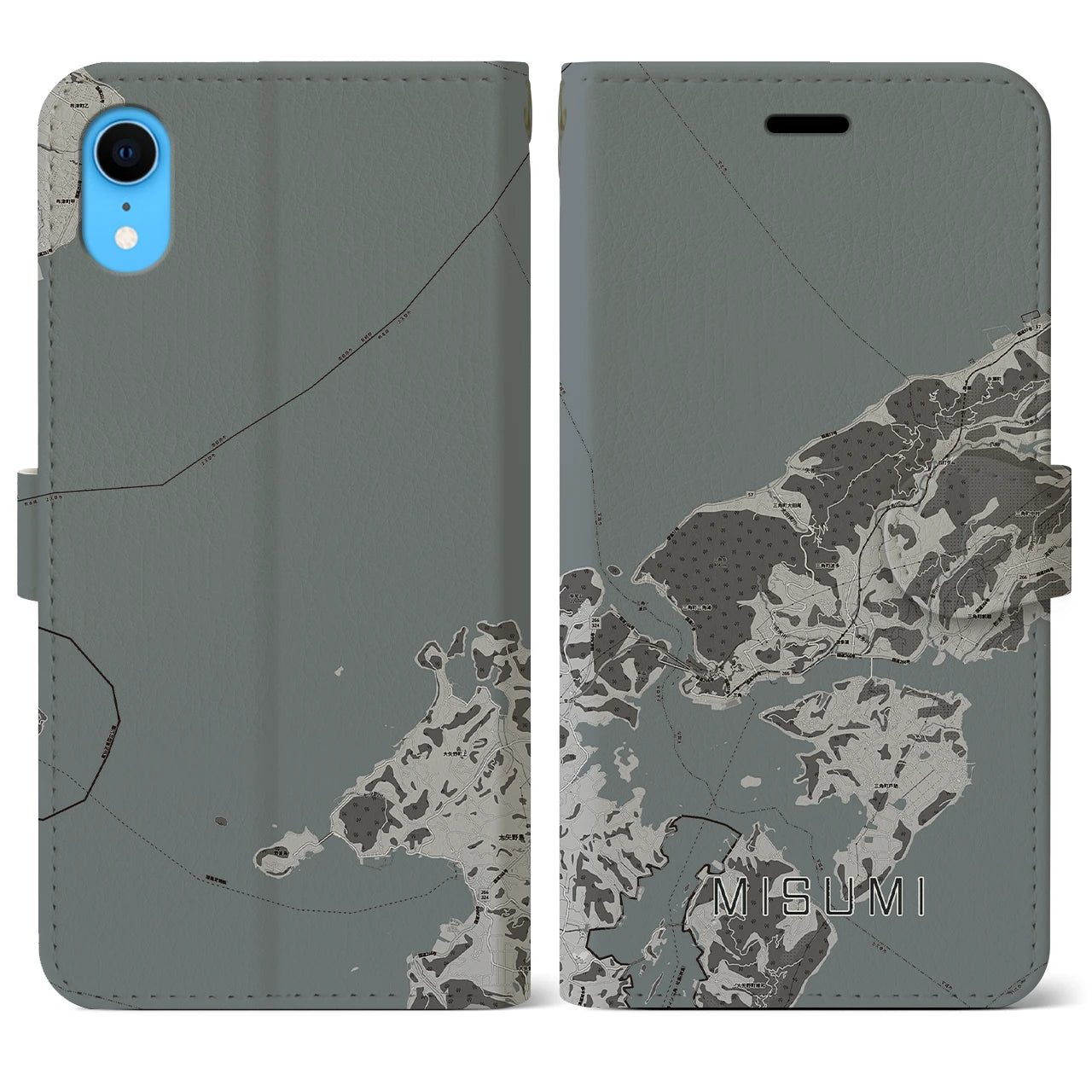 【三角(熊本県)】地図柄iPhoneケース(手帳タイプ)モノトーン・iPhone XR 用