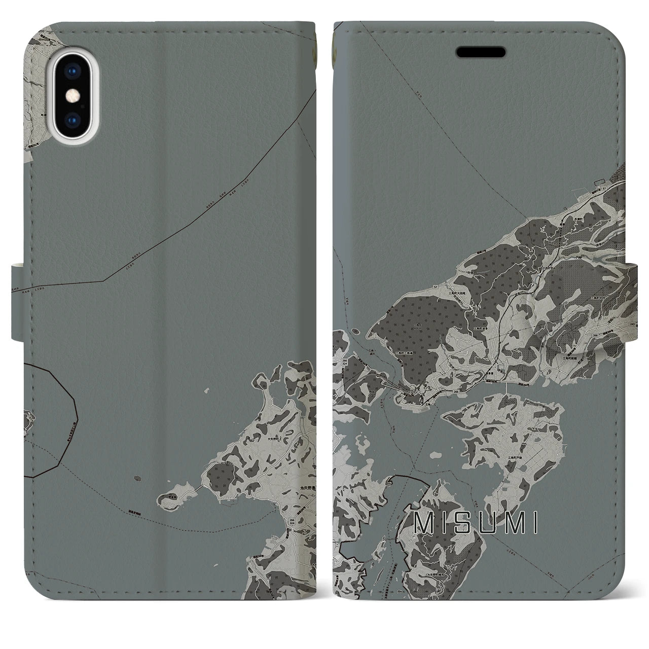 【三角(熊本県)】地図柄iPhoneケース(手帳タイプ)モノトーン・iPhone XS Max 用