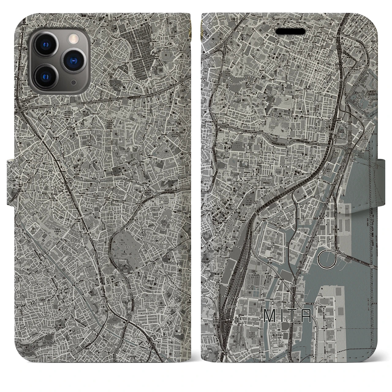 【三田(東京都)】地図柄iPhoneケース(手帳タイプ)モノトーン・iPhone 11 Pro Max 用