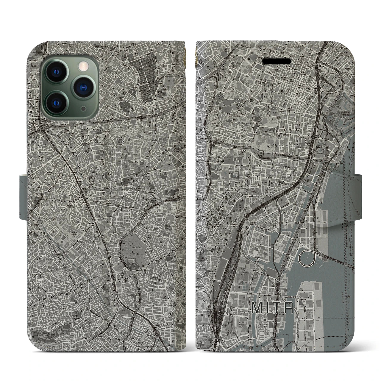 【三田(東京都)】地図柄iPhoneケース(手帳タイプ)モノトーン・iPhone 11 Pro 用