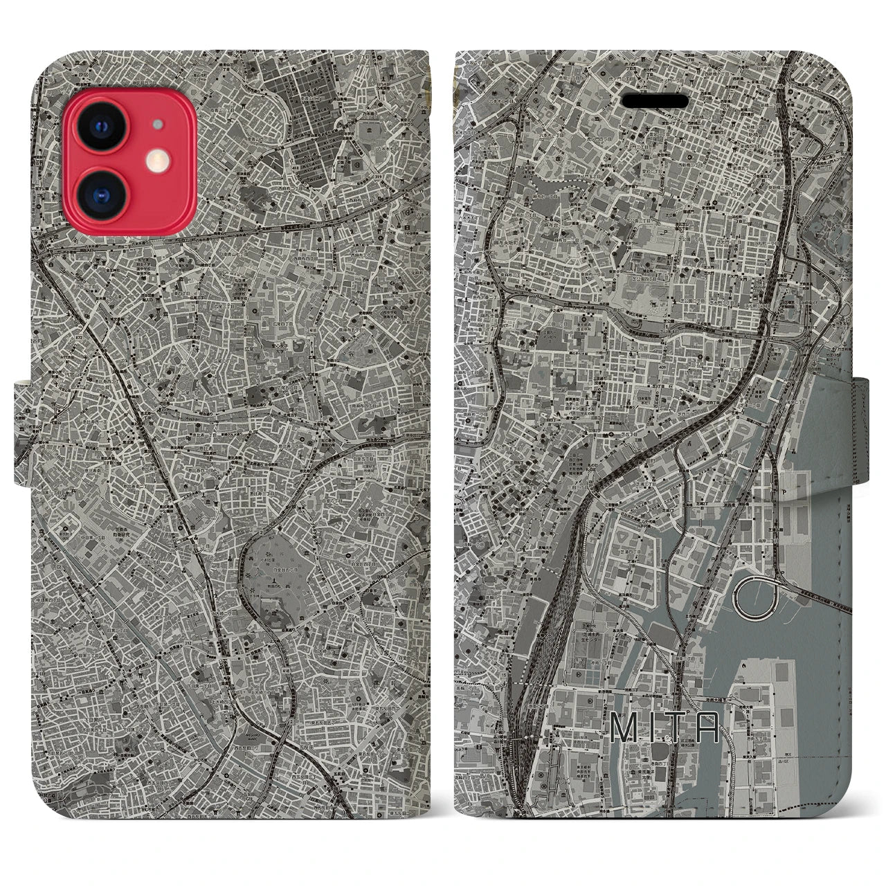 【三田(東京都)】地図柄iPhoneケース(手帳タイプ)モノトーン・iPhone 11 用