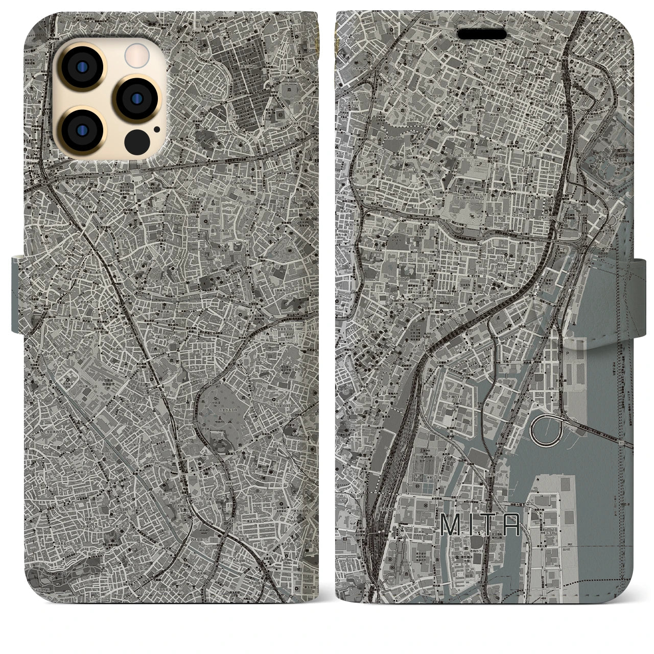 【三田(東京都)】地図柄iPhoneケース(手帳タイプ)モノトーン・iPhone 12 Pro Max 用