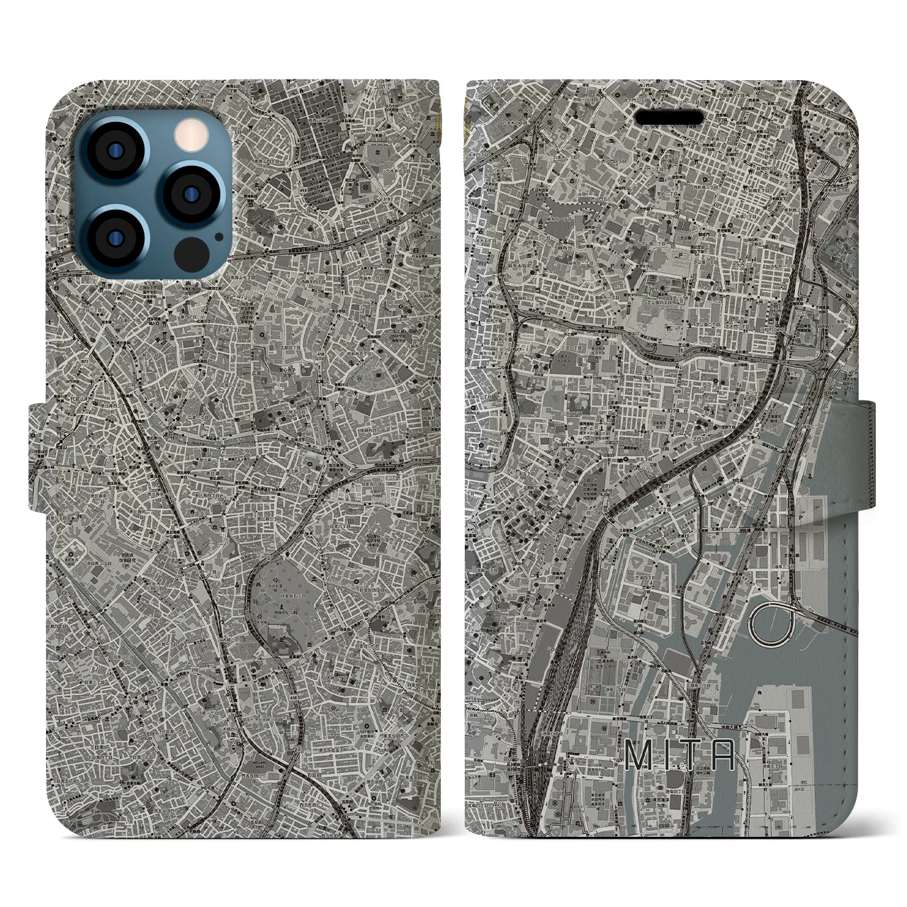 【三田(東京都)】地図柄iPhoneケース(手帳タイプ)モノトーン・iPhone 12 / 12 Pro 用