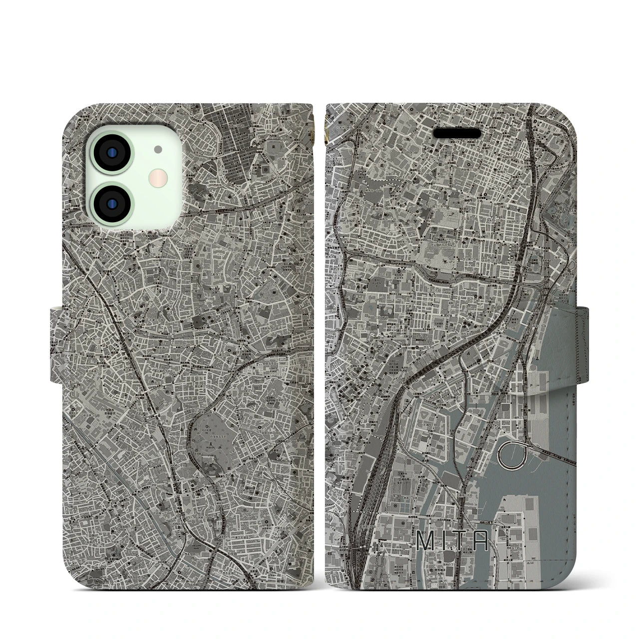【三田(東京都)】地図柄iPhoneケース(手帳タイプ)モノトーン・iPhone 12 mini 用